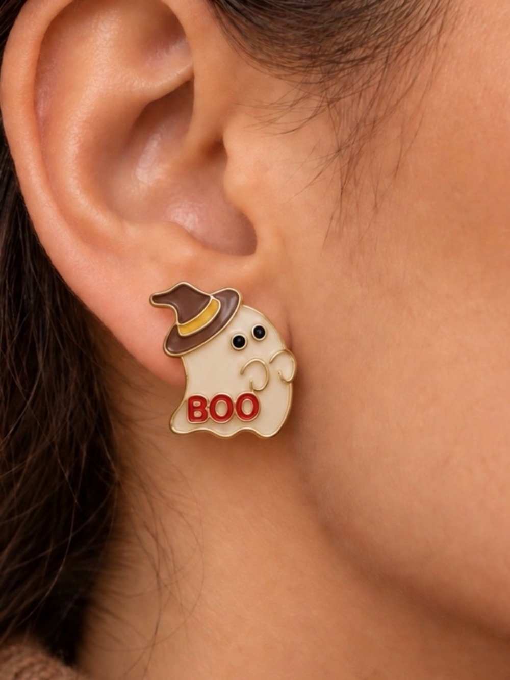 Halloween Ghost Enamel Stud Earrings with Brown Hat and Red 'BOO'
